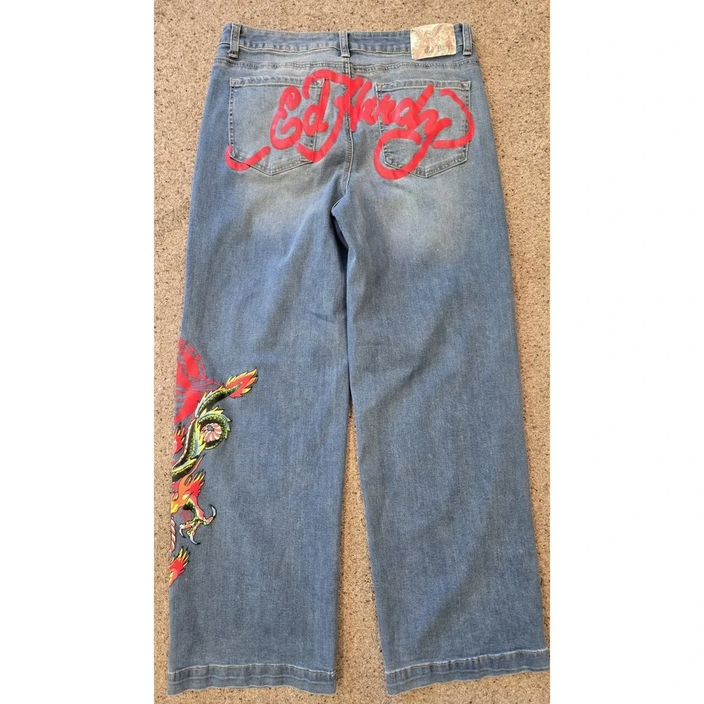 Ed Hardy Dragon Jeans 32 Y2K Wide Leg Baggy Denim Tattoo Graphic Rare Grail Fire